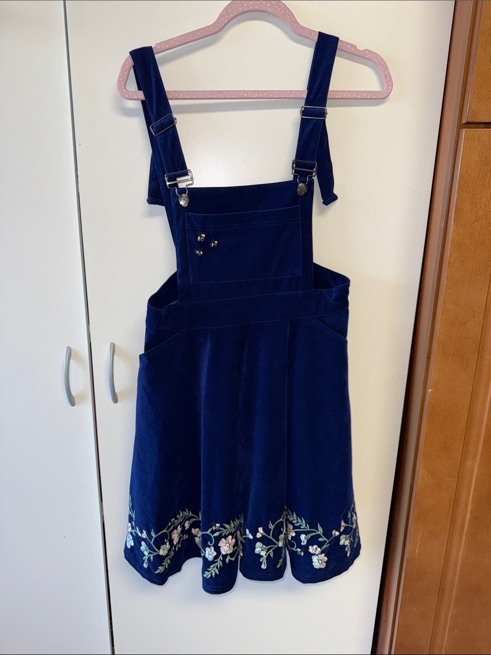 ' Navy Embroidered Corduroy Overall Dress 17 inches waist x 21.5 waist to hem.